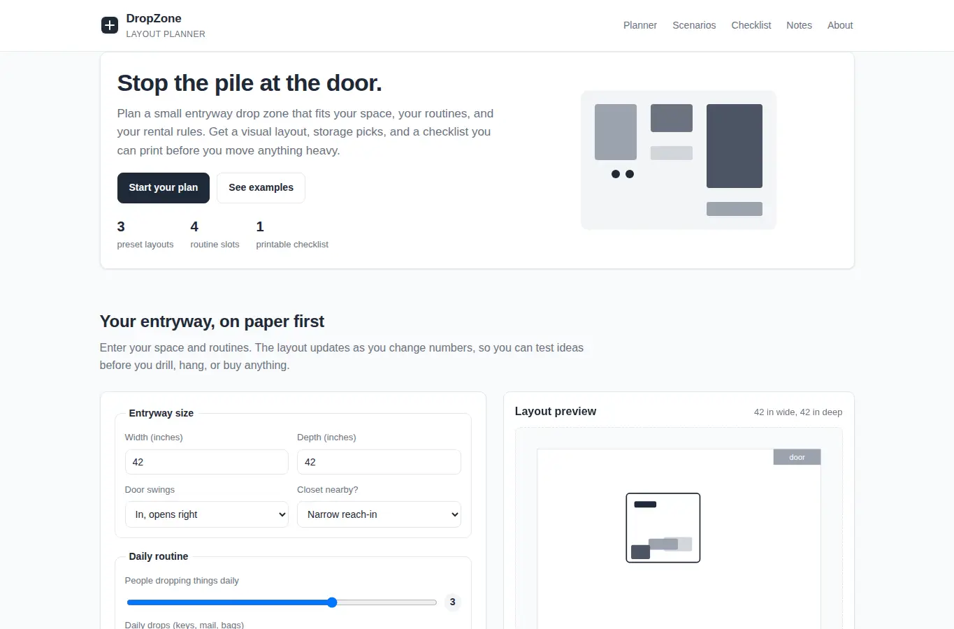 Screenshot of DropZone Layout Planner interface showing the project page in use